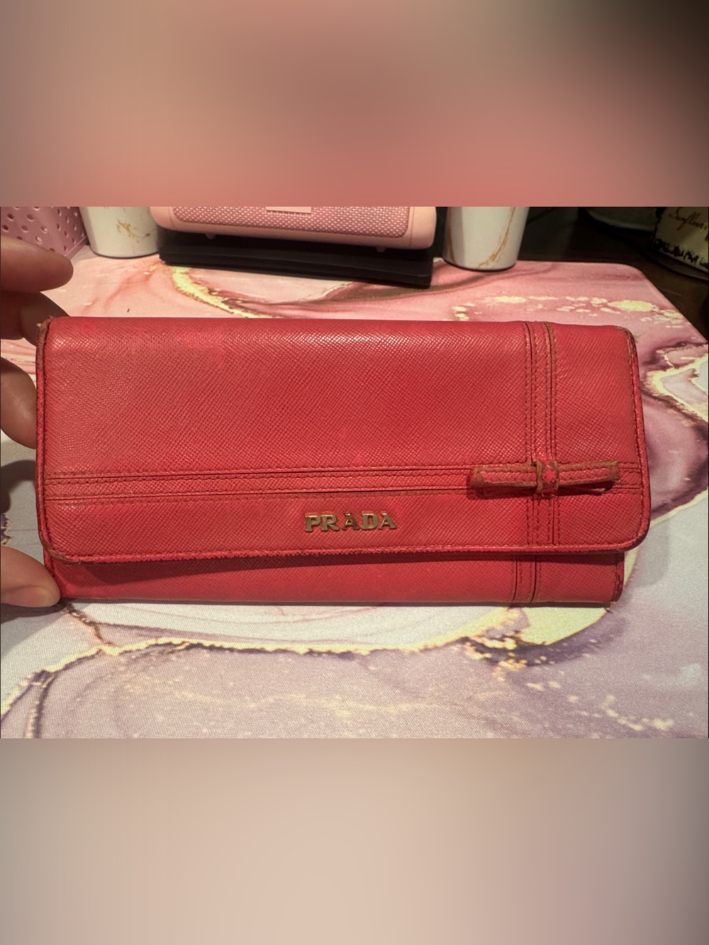 Authentic Prada Pink Saffiano Leather Fold Wallet with Gold Logo
